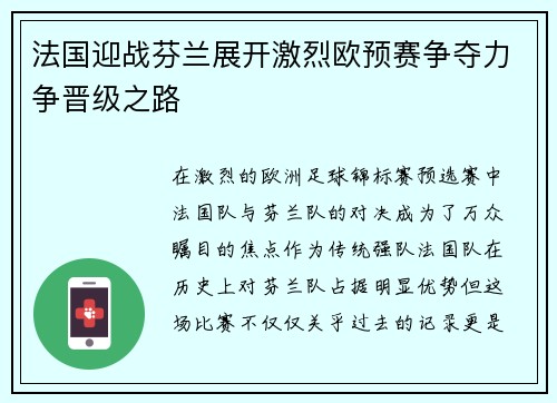 法国迎战芬兰展开激烈欧预赛争夺力争晋级之路