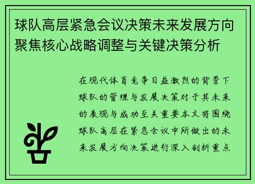 球队高层紧急会议决策未来发展方向聚焦核心战略调整与关键决策分析