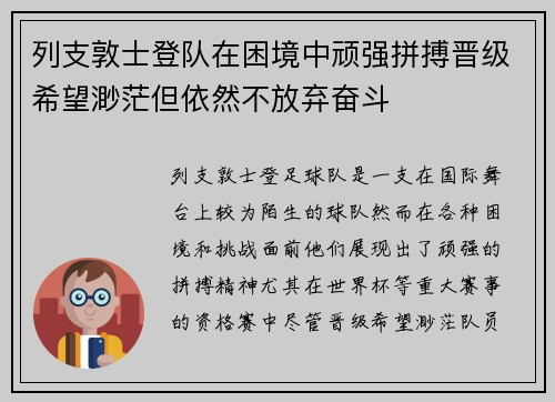 列支敦士登队在困境中顽强拼搏晋级希望渺茫但依然不放弃奋斗