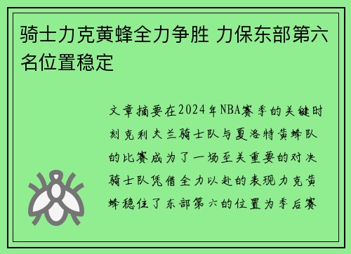 骑士力克黄蜂全力争胜 力保东部第六名位置稳定