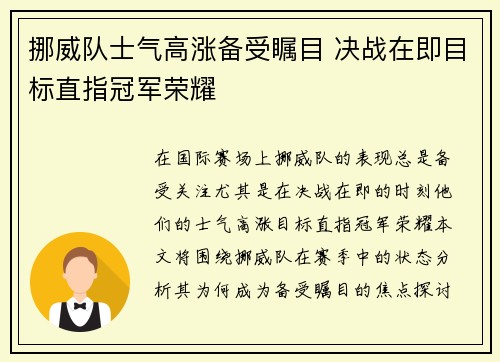 挪威队士气高涨备受瞩目 决战在即目标直指冠军荣耀