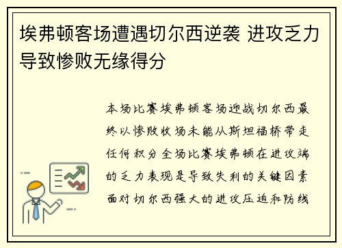 埃弗顿客场遭遇切尔西逆袭 进攻乏力导致惨败无缘得分
