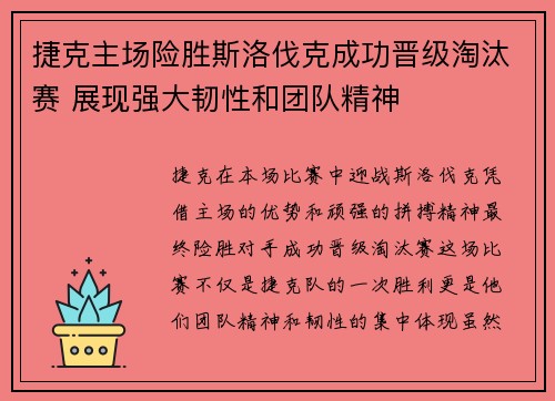 捷克主场险胜斯洛伐克成功晋级淘汰赛 展现强大韧性和团队精神