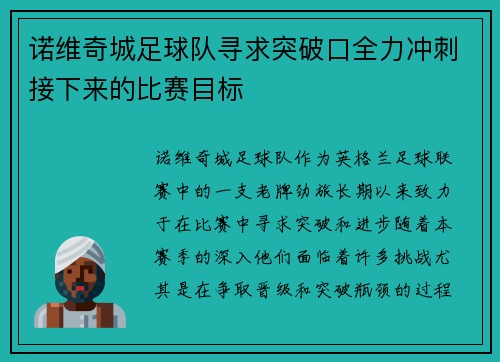 诺维奇城足球队寻求突破口全力冲刺接下来的比赛目标
