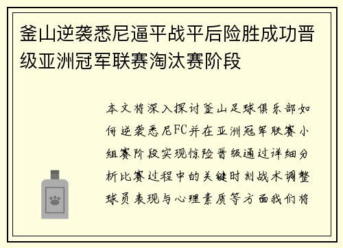 釜山逆袭悉尼逼平战平后险胜成功晋级亚洲冠军联赛淘汰赛阶段