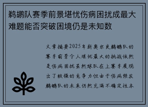 鹈鹕队赛季前景堪忧伤病困扰成最大难题能否突破困境仍是未知数